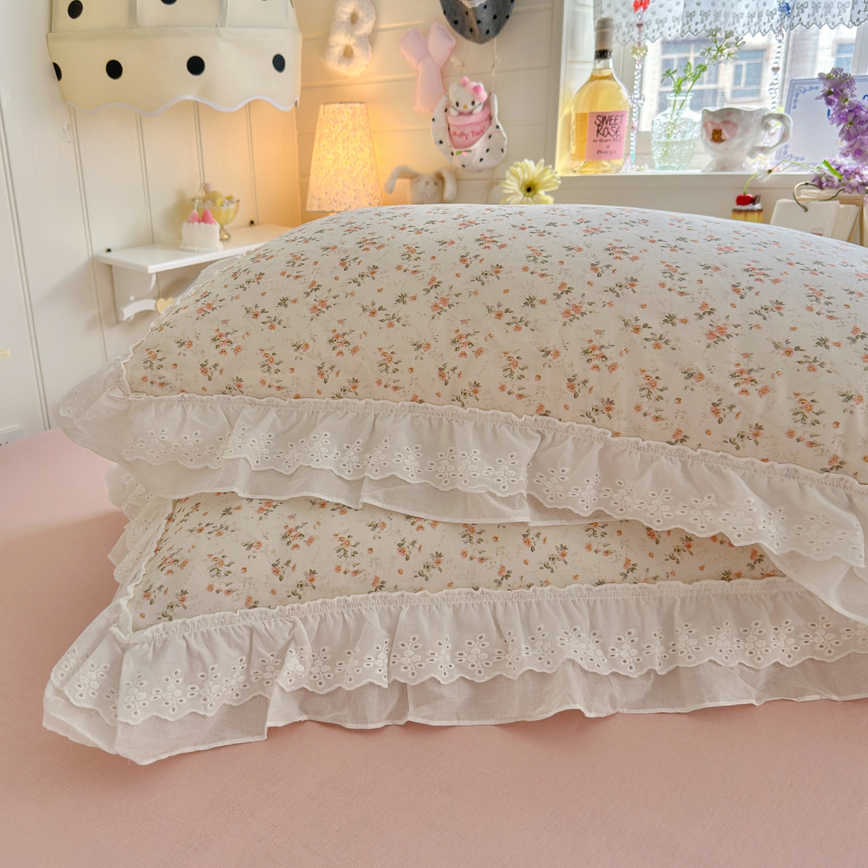 91家纺网 家纺一手货源 找家纺 （总）锦彩家居 2026新款A类全棉纯棉双层纱韩式花边小清新三件套四件套INS小红书-月下花町系列（提供买家秀）