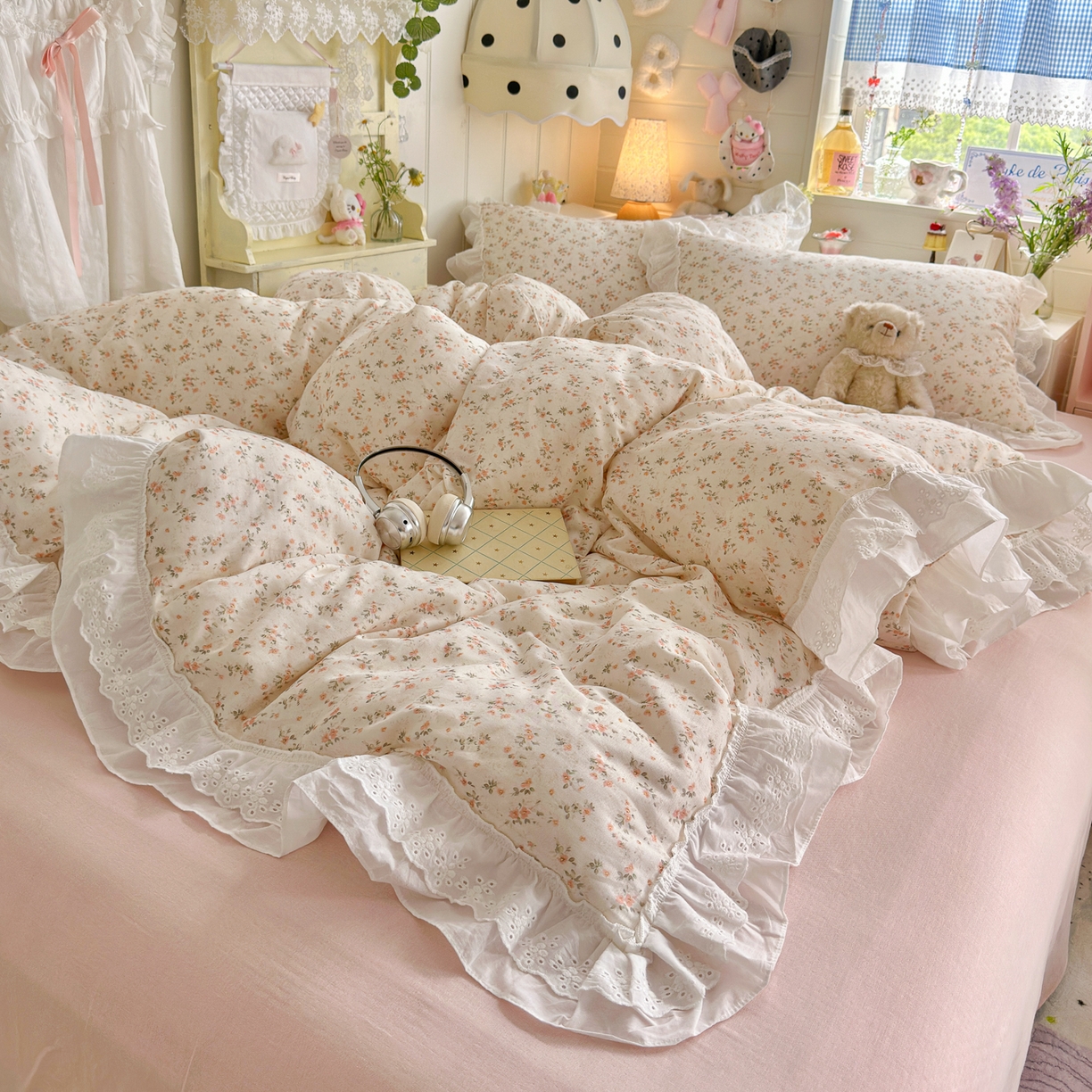 91家纺网 家纺一手货源 找家纺 （总）锦彩家居 2026新款A类全棉纯棉双层纱韩式花边小清新三件套四件套INS小红书-月下花町系列（提供买家秀）