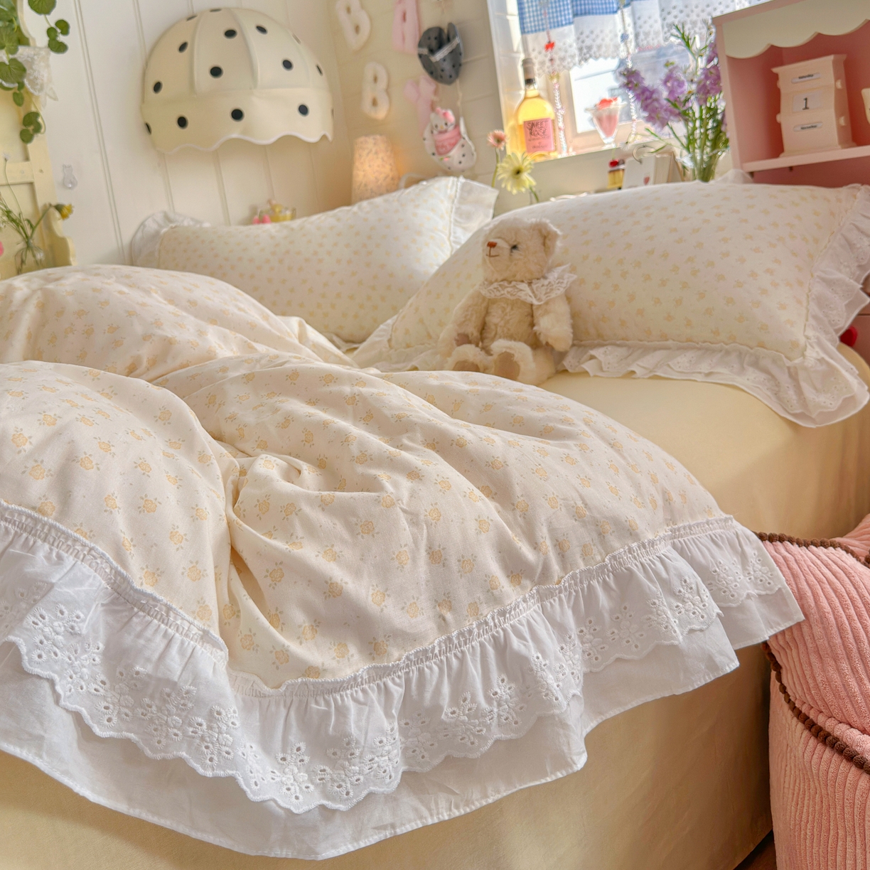 91家纺网 家纺一手货源 找家纺 锦彩家居 2026新款A类全棉纯棉双层纱韩式花边小清新三件套四件套INS小红书-月下花町系列（提供买家秀） 雏菊风铃