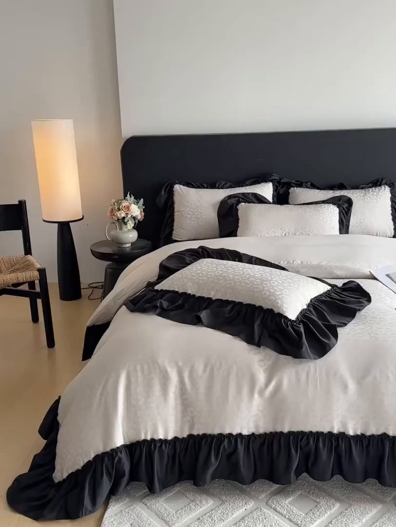 91家纺网 家纺一手货源 找家纺 你好美丽 2026新款豹纹花边水洗真丝提花四件套 豹纹花边-奶白