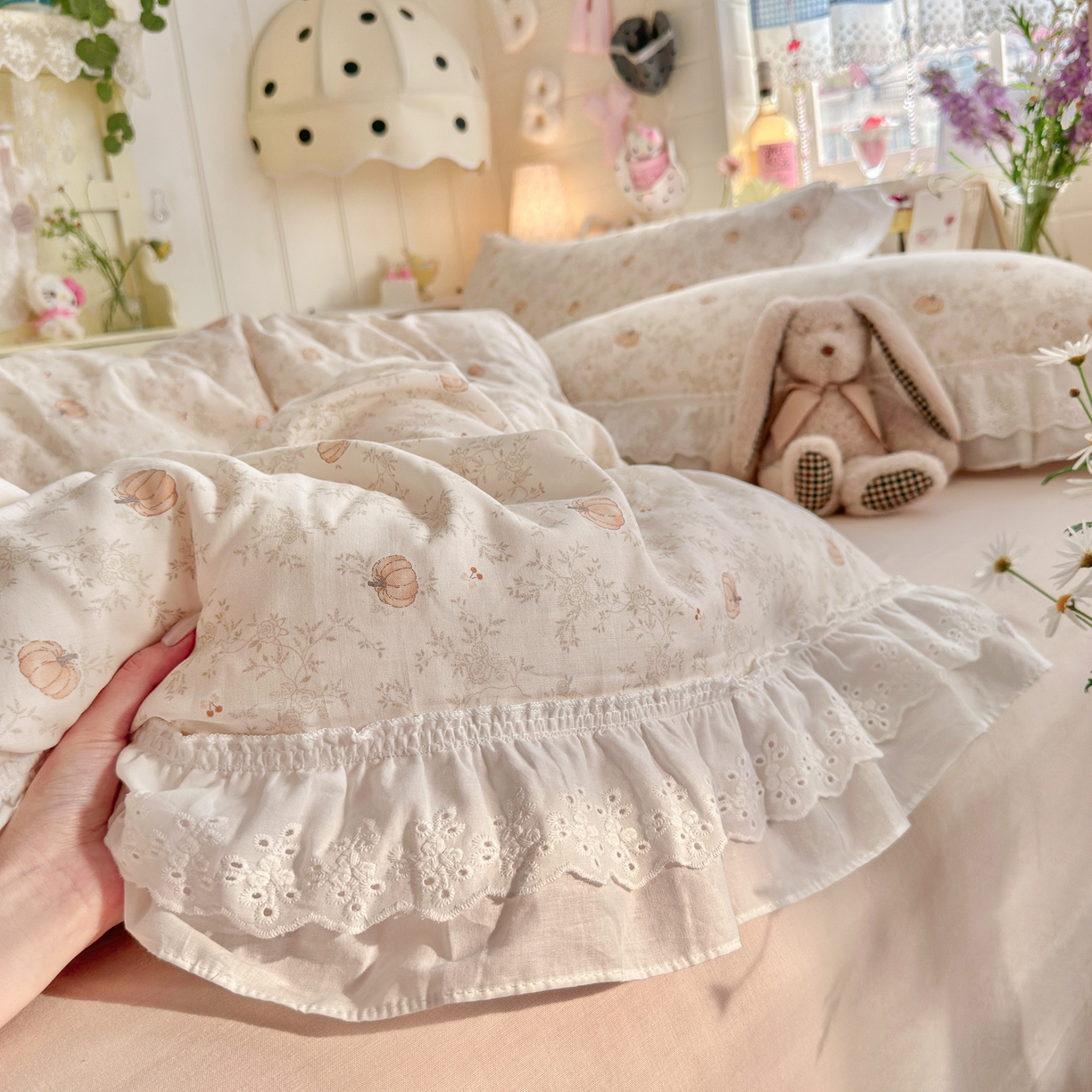 91家纺网 家纺一手货源 找家纺 锦彩家居 2026新款A类全棉纯棉双层纱韩式花边小清新三件套四件套INS小红书-月下花町系列（提供买家秀） 南风知意