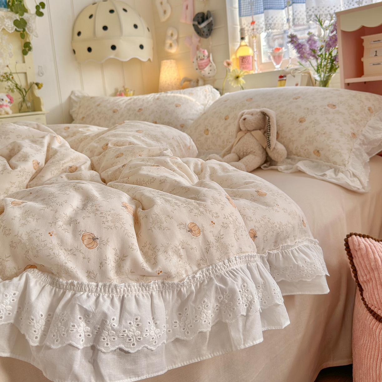 91家纺网 家纺一手货源 找家纺 锦彩家居 2026新款A类全棉纯棉双层纱韩式花边小清新三件套四件套INS小红书-月下花町系列（提供买家秀） 南风知意