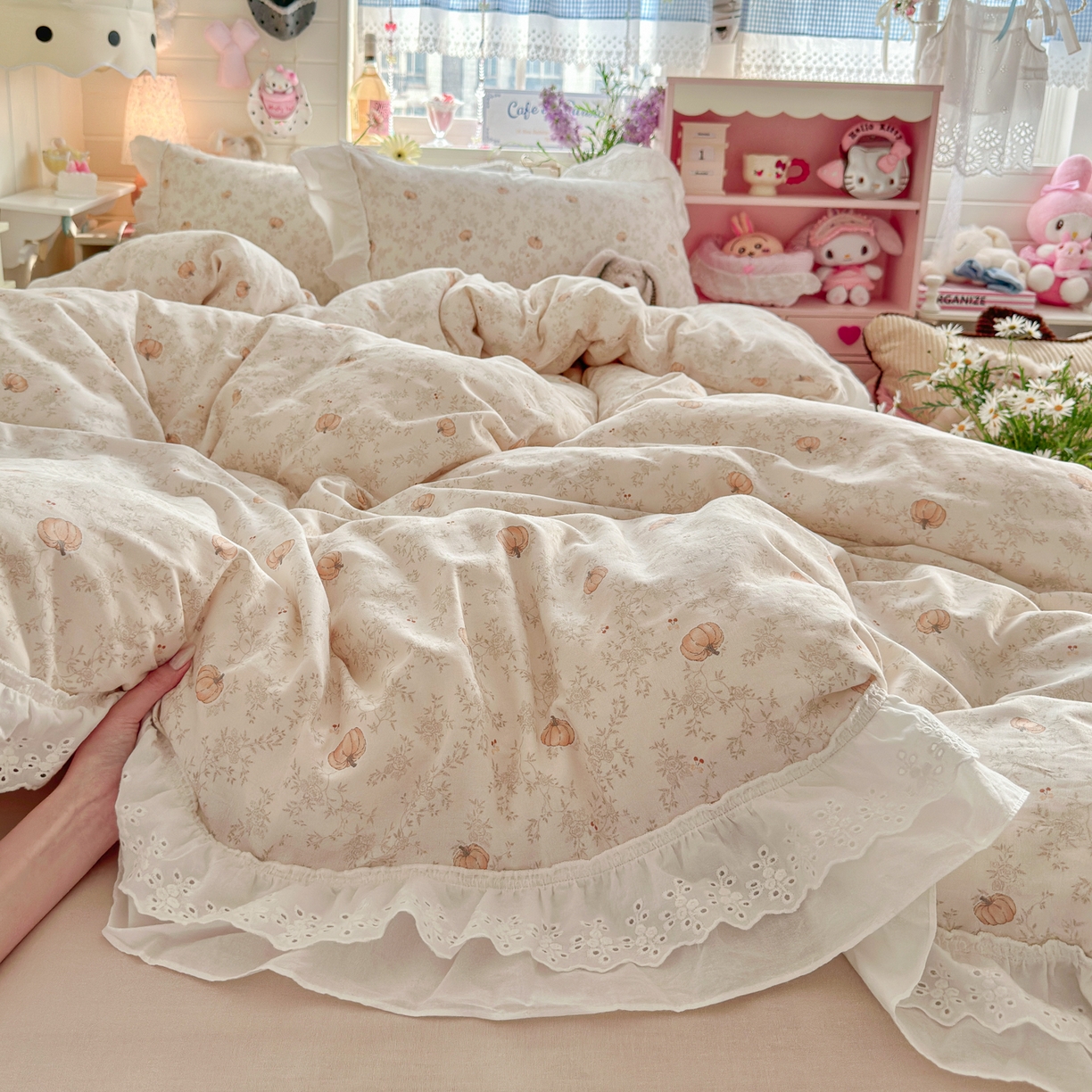 91家纺网 家纺一手货源 找家纺 锦彩家居 2026新款A类全棉纯棉双层纱韩式花边小清新三件套四件套INS小红书-月下花町系列（提供买家秀） 南风知意