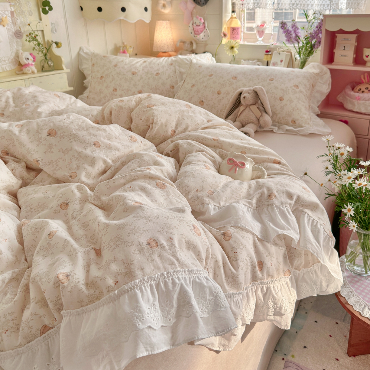 91家纺网 家纺一手货源 找家纺 锦彩家居 2026新款A类全棉纯棉双层纱韩式花边小清新三件套四件套INS小红书-月下花町系列（提供买家秀） 南风知意