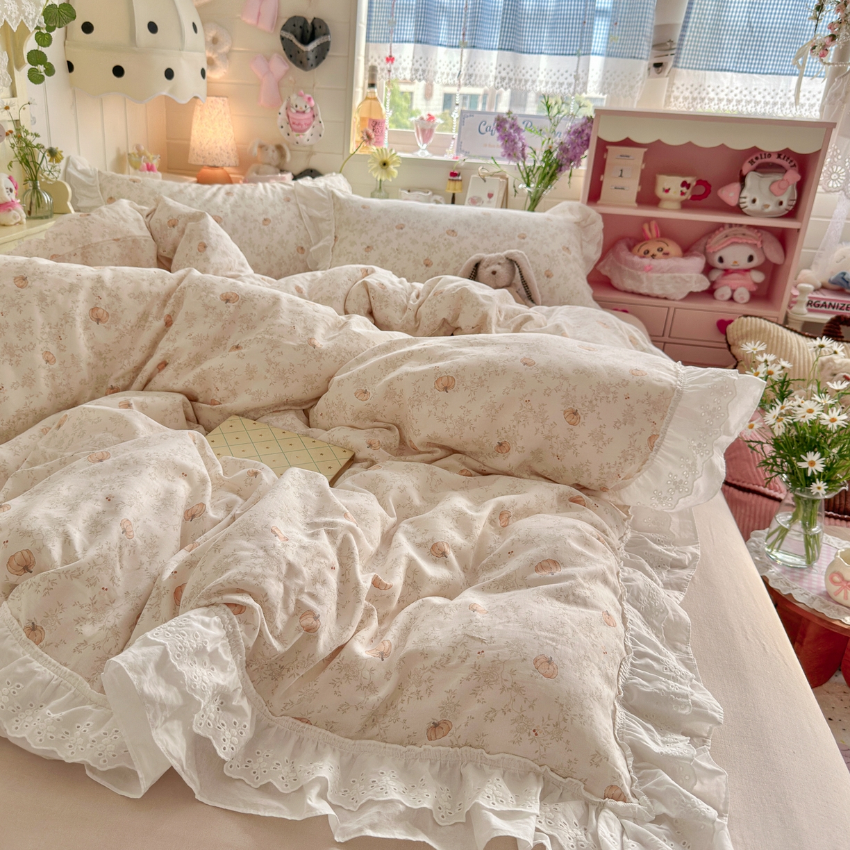 91家纺网 家纺一手货源 找家纺 锦彩家居 2026新款A类全棉纯棉双层纱韩式花边小清新三件套四件套INS小红书-月下花町系列（提供买家秀） 南风知意