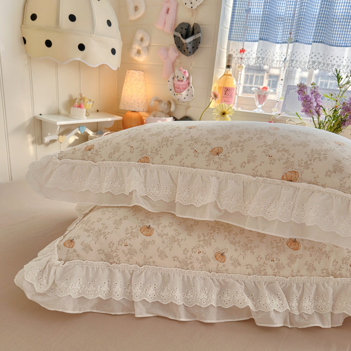 91家纺网 家纺一手货源 找家纺 锦彩家居 2026新款A类全棉纯棉双层纱韩式花边小清新三件套四件套INS小红书-月下花町系列（提供买家秀） 南风知意