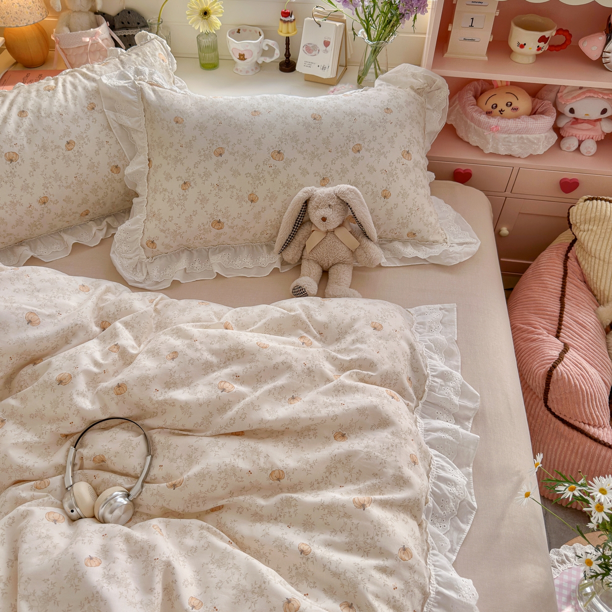 91家纺网 家纺一手货源 找家纺 锦彩家居 2026新款A类全棉纯棉双层纱韩式花边小清新三件套四件套INS小红书-月下花町系列（提供买家秀） 南风知意