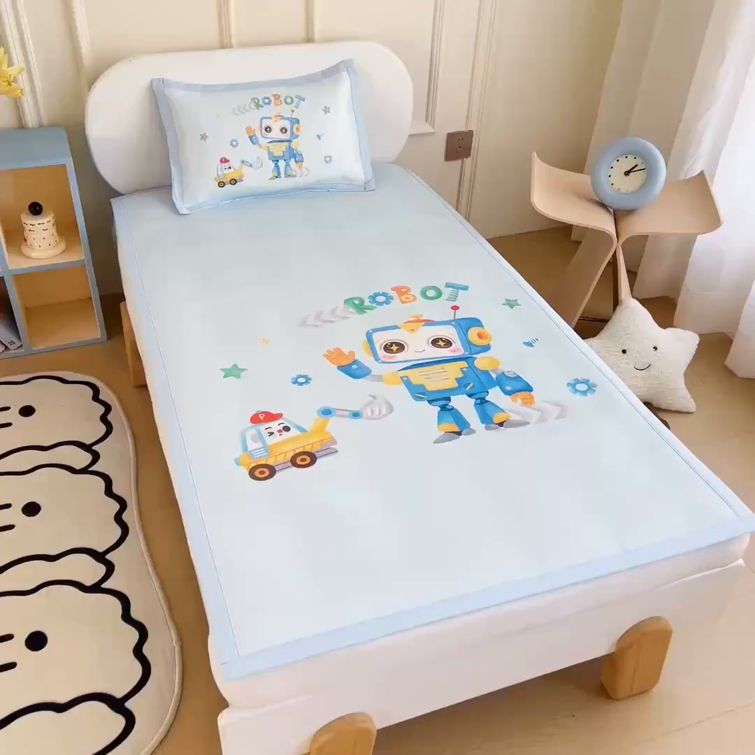 91家纺网 家纺一手货源 找家纺 鱼宝 2026新款卡通儿童大版数码印花冰丝席子凉席 小ai同学