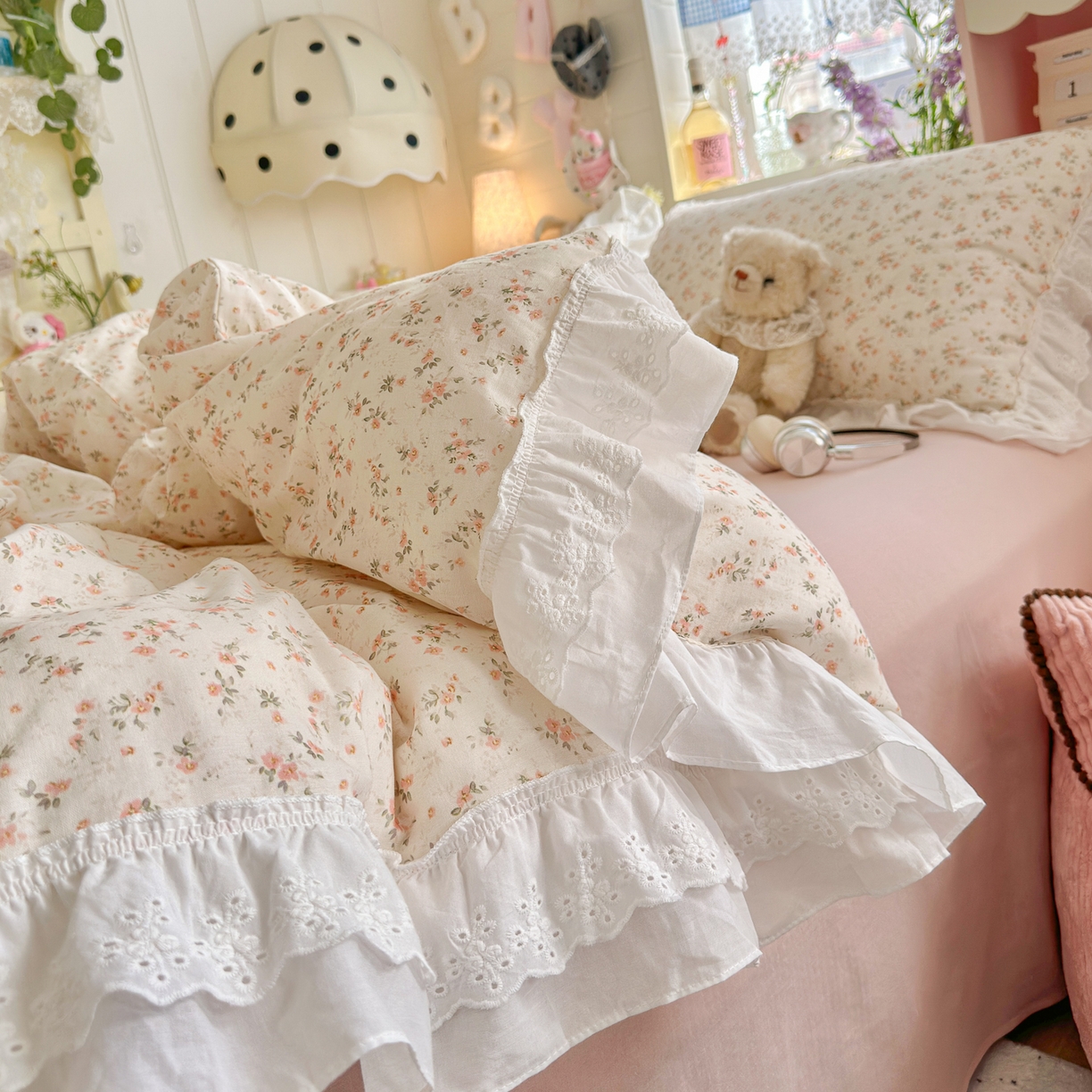 91家纺网 家纺一手货源 找家纺 锦彩家居 2026新款A类全棉纯棉双层纱韩式花边小清新三件套四件套INS小红书-月下花町系列（提供买家秀） 樱花落雨