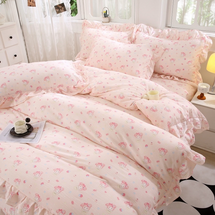 91家纺网 家纺一手货源 找家纺 欧妮家纺 2026新款A类双层纱蕾丝花边床裙四件套 甜蜜甜筒