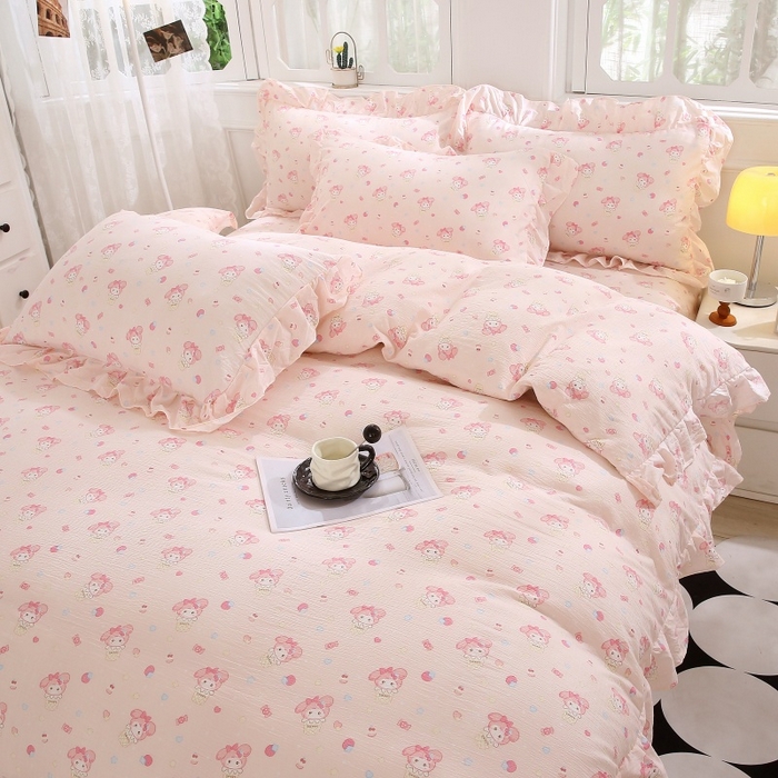 91家纺网 家纺一手货源 找家纺 欧妮家纺 2026新款A类双层纱蕾丝花边床裙四件套 甜蜜甜筒