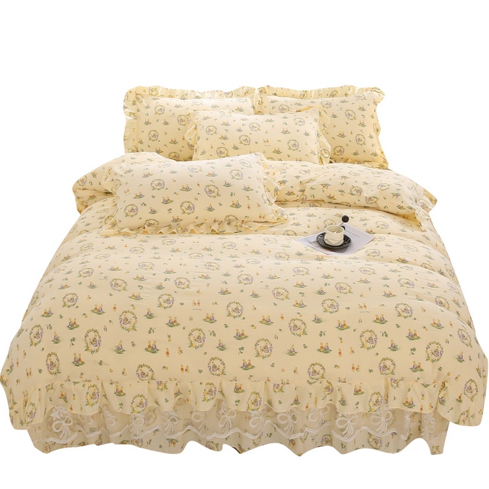 91家纺网 家纺一手货源 找家纺 欧妮家纺 2026新款A类双层纱蕾丝花边床裙四件套 兔子欢喜