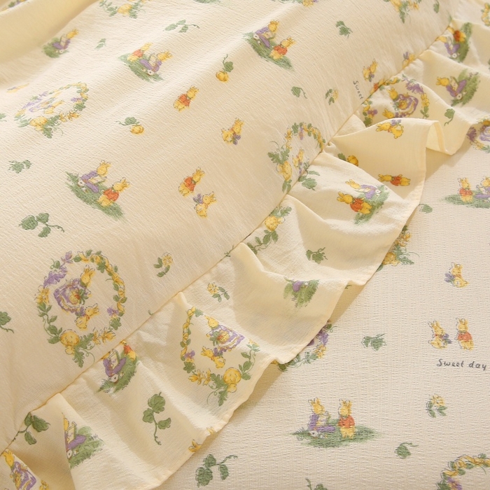 91家纺网 家纺一手货源 找家纺 欧妮家纺 2026新款A类双层纱蕾丝花边床裙四件套 兔子欢喜