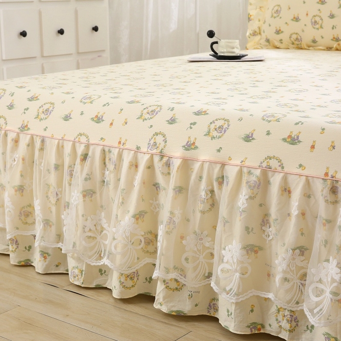 91家纺网 家纺一手货源 找家纺 欧妮家纺 2026新款A类双层纱蕾丝花边床裙四件套 兔子欢喜