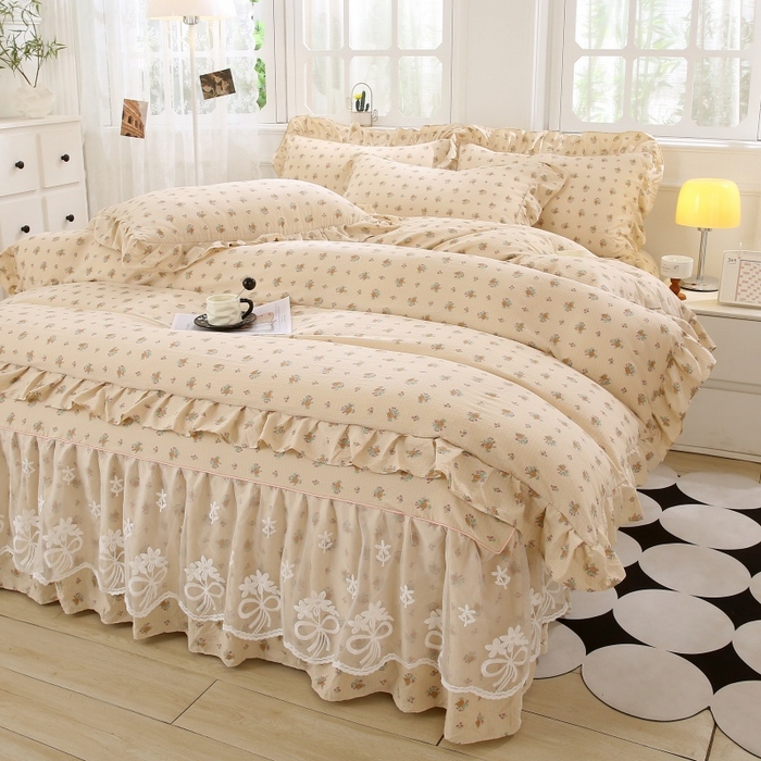 91家纺网 家纺一手货源 找家纺 欧妮家纺 2026新款A类双层纱蕾丝花边床裙四件套 花海