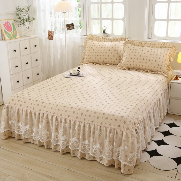 91家纺网 家纺一手货源 找家纺 欧妮家纺 2026新款A类双层纱蕾丝花边床裙四件套 花海