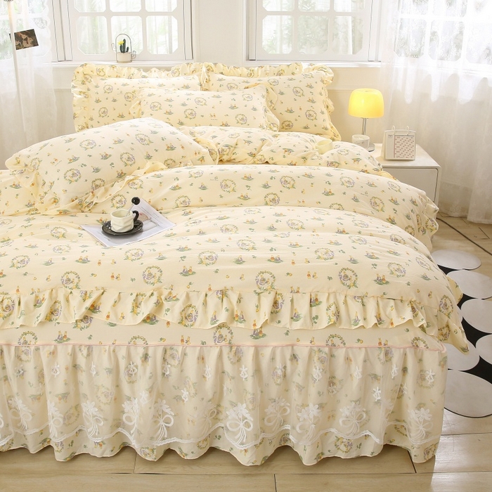 91家纺网 家纺一手货源 找家纺 欧妮家纺 2026新款A类双层纱蕾丝花边床裙四件套 兔子欢喜