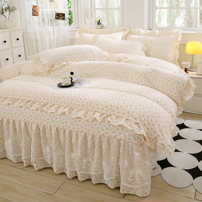 91家纺网 家纺一手货源 找家纺 欧妮家纺 2026新款A类双层纱蕾丝花边床裙四件套 栀子海