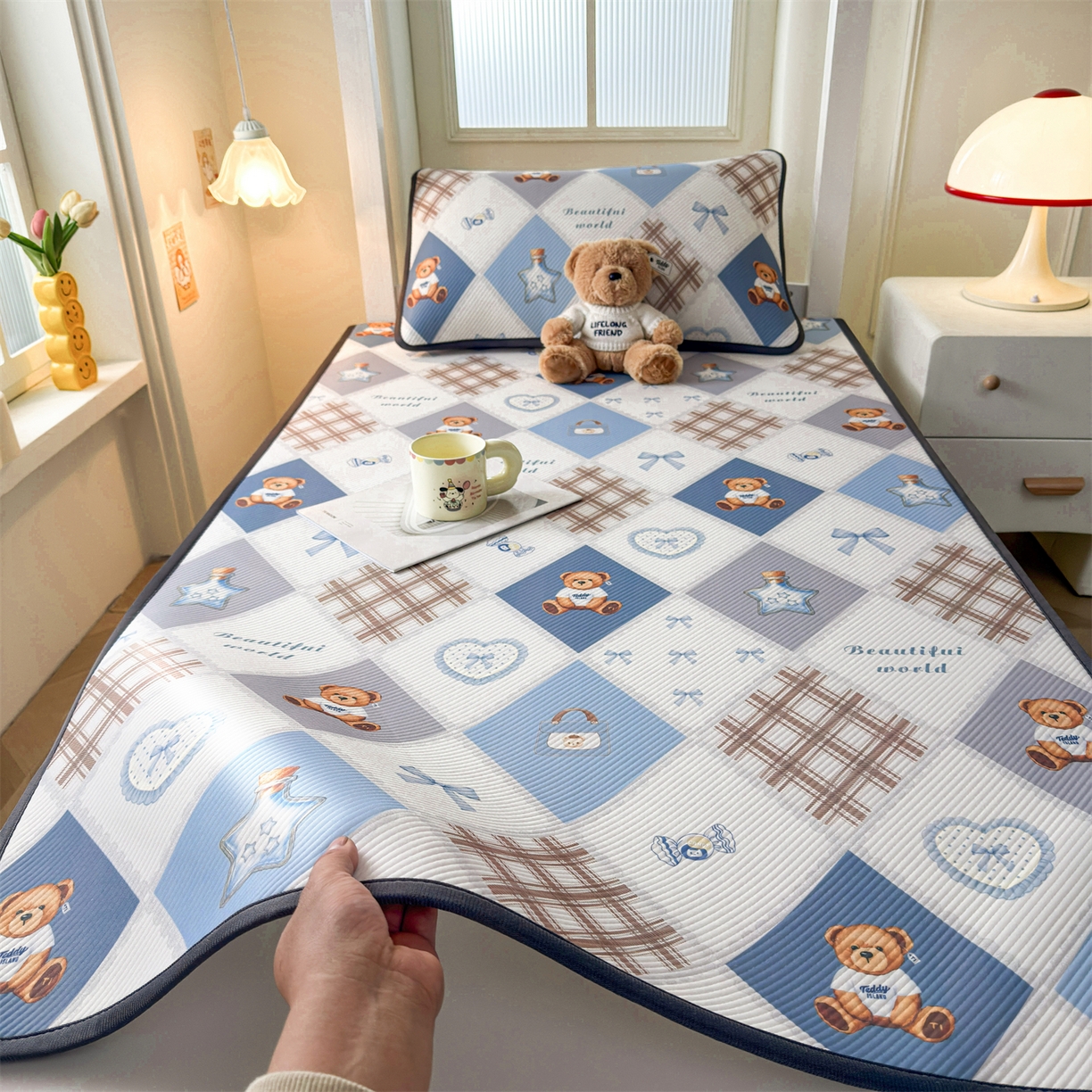 91家纺网 家纺一手货源 找家纺 （总）源舍家纺 2026新款泰迪爱兰系列（正版授权）A类三明治复合印花斜纹豆豆软凉席学生床