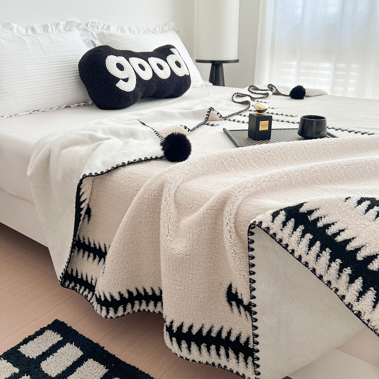 91家纺网 家纺一手货源 找家纺 娜朵家纺 2026新款阳离子牛奶绒双层毛球复合毯 步步高升