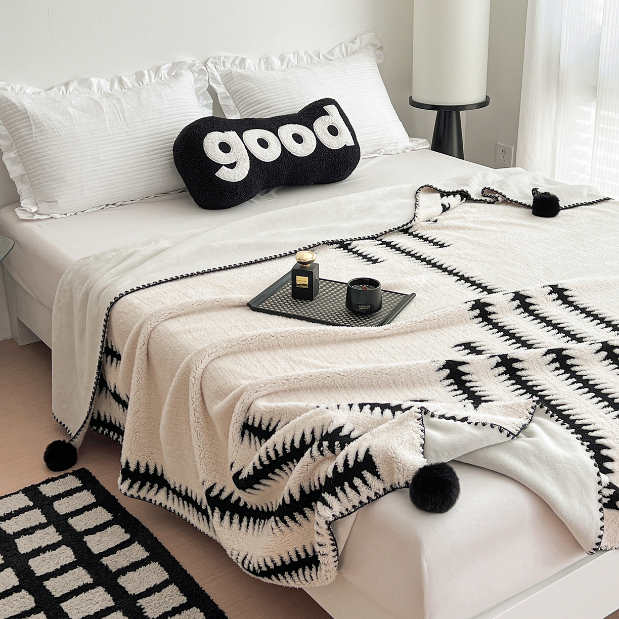 91家纺网 家纺一手货源 找家纺 娜朵家纺 2026新款阳离子牛奶绒双层毛球复合毯 步步高升