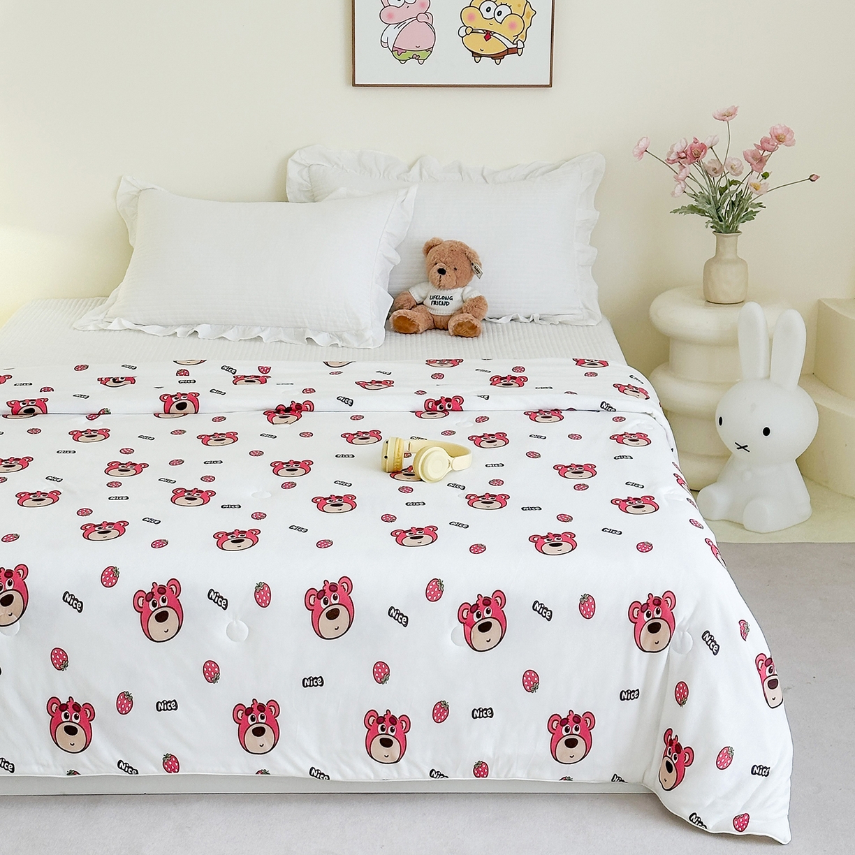 91家纺网 家纺一手货源 找家纺 尚品本色 2026年新款小清新针织棉夏被空调被 草莓熊