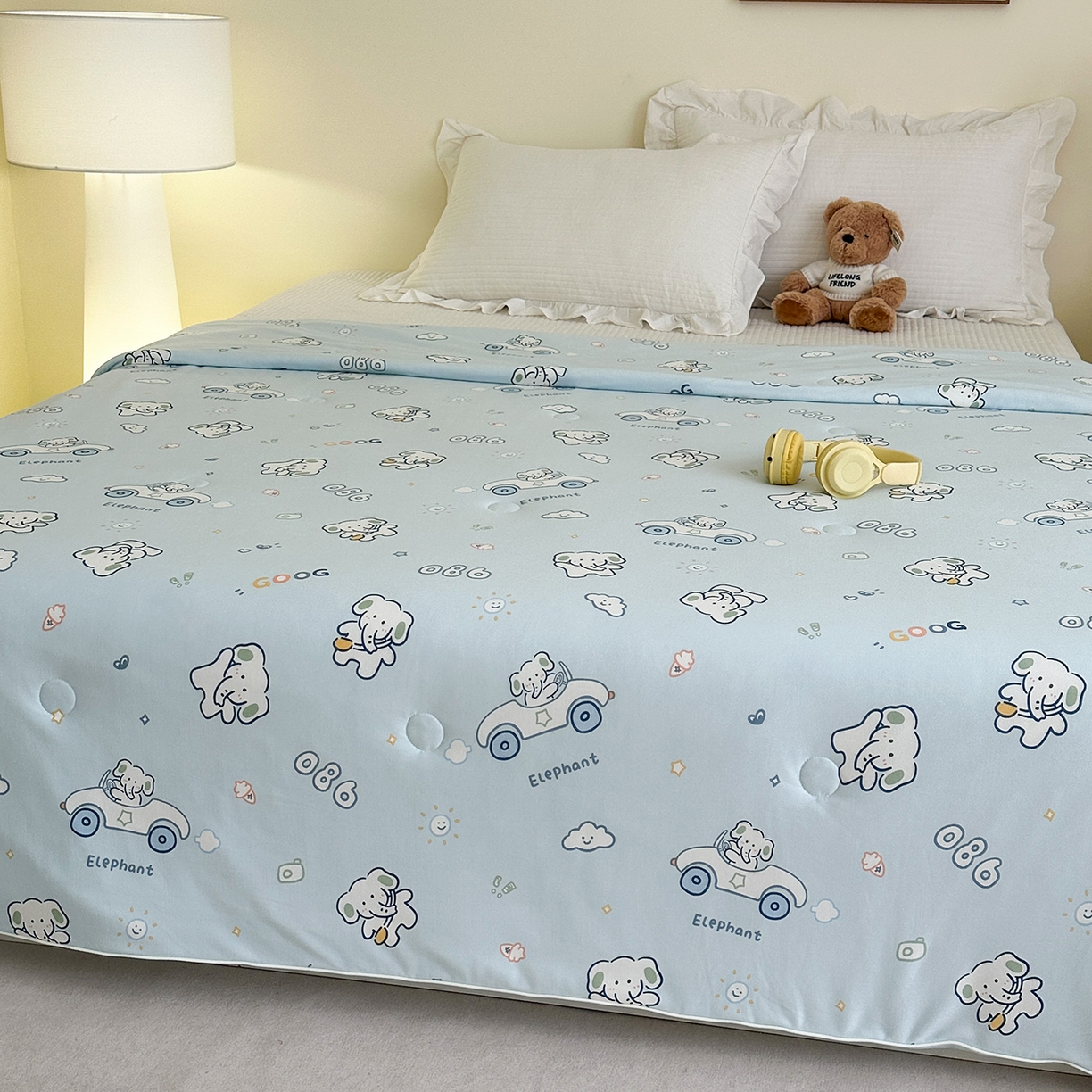 91家纺网 家纺一手货源 找家纺 尚品本色 2026年新款小清新针织棉夏被空调被 蓝色小象