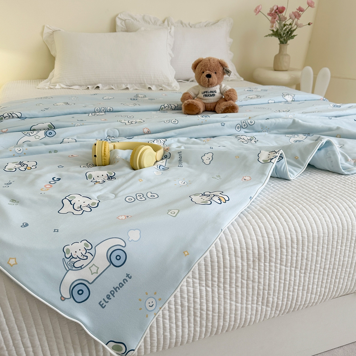 91家纺网 家纺一手货源 找家纺 尚品本色 2026年新款小清新针织棉夏被空调被 蓝色小象