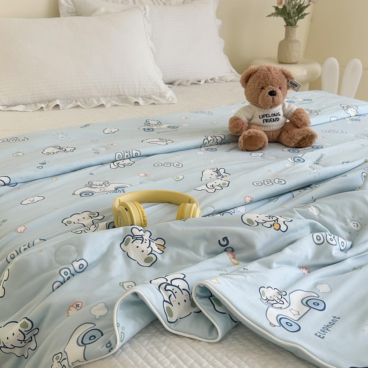 91家纺网 家纺一手货源 找家纺 尚品本色 2026年新款小清新针织棉夏被空调被 蓝色小象