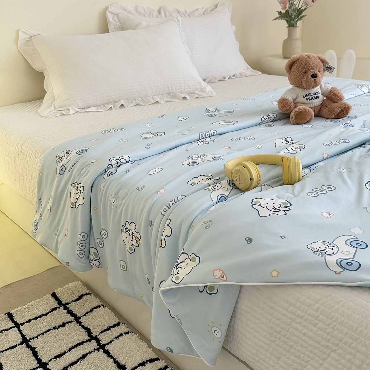 91家纺网 家纺一手货源 找家纺 尚品本色 2026年新款小清新针织棉夏被空调被 蓝色小象