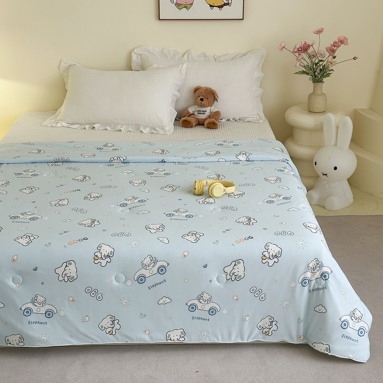 91家纺网 家纺一手货源 找家纺 尚品本色 2026年新款小清新针织棉夏被空调被 蓝色小象