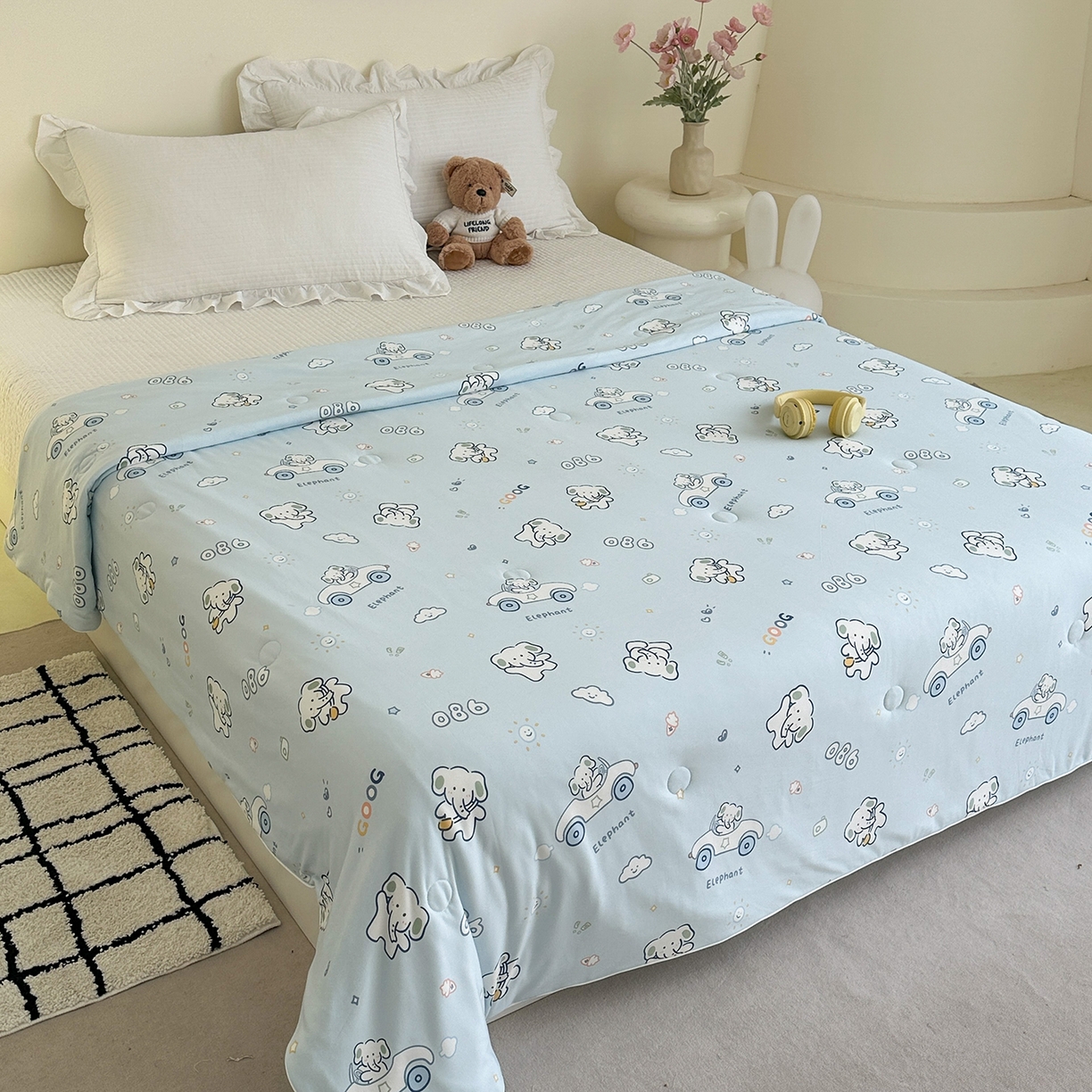 91家纺网 家纺一手货源 找家纺 尚品本色 2026年新款小清新针织棉夏被空调被 蓝色小象