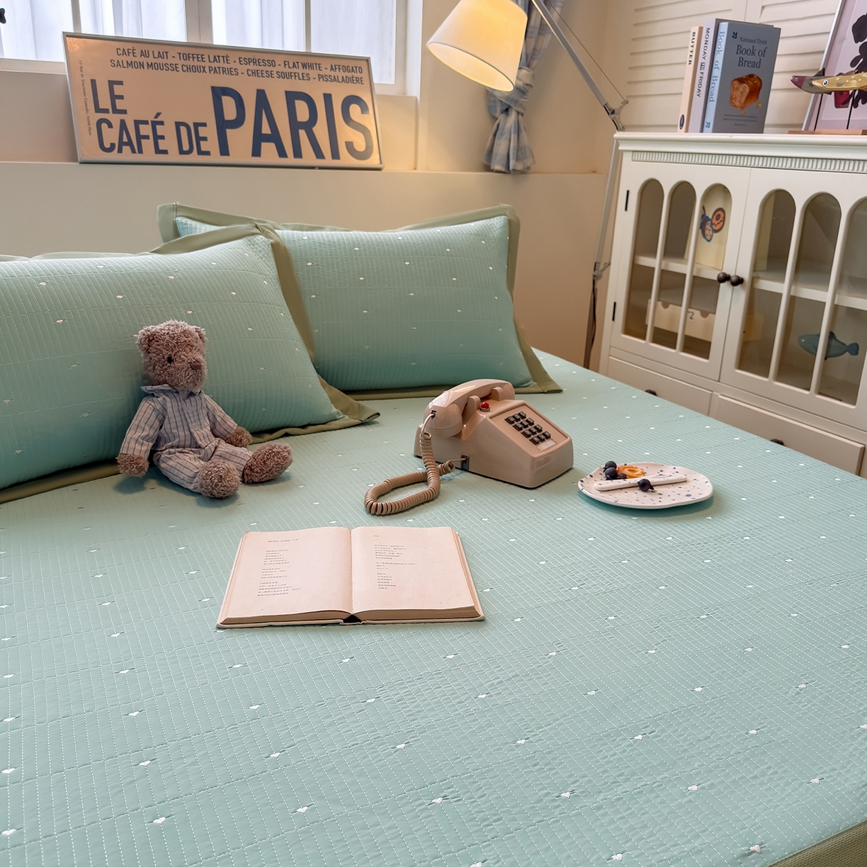 91家纺网 家纺一手货源 找家纺 懒猫家纺 2026新款满天星绗绣莫兰迪色系床席床笠款凉席 生椰抹茶-床席款