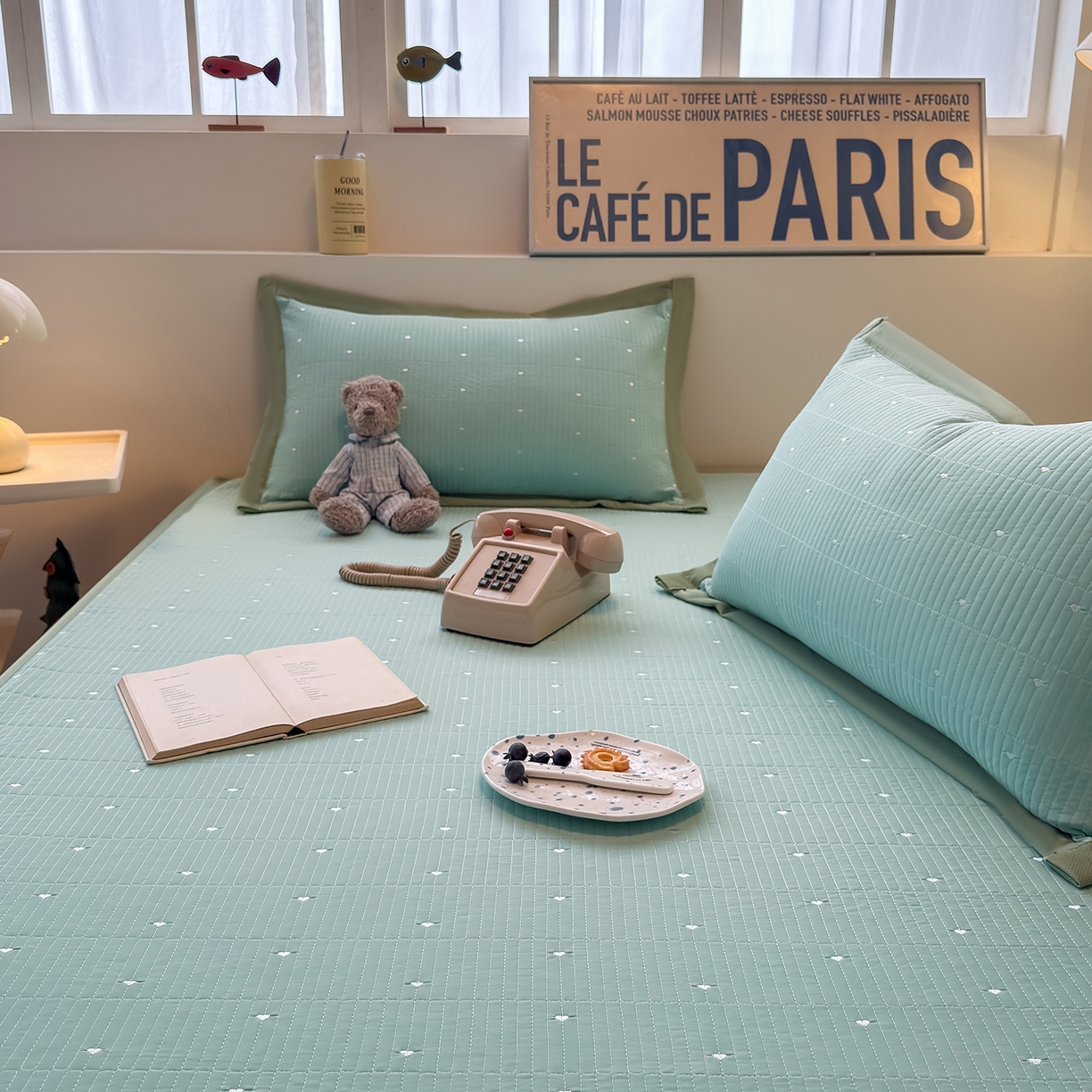 91家纺网 家纺一手货源 找家纺 懒猫家纺 2026新款满天星绗绣莫兰迪色系床席床笠款凉席 生椰抹茶-床席款