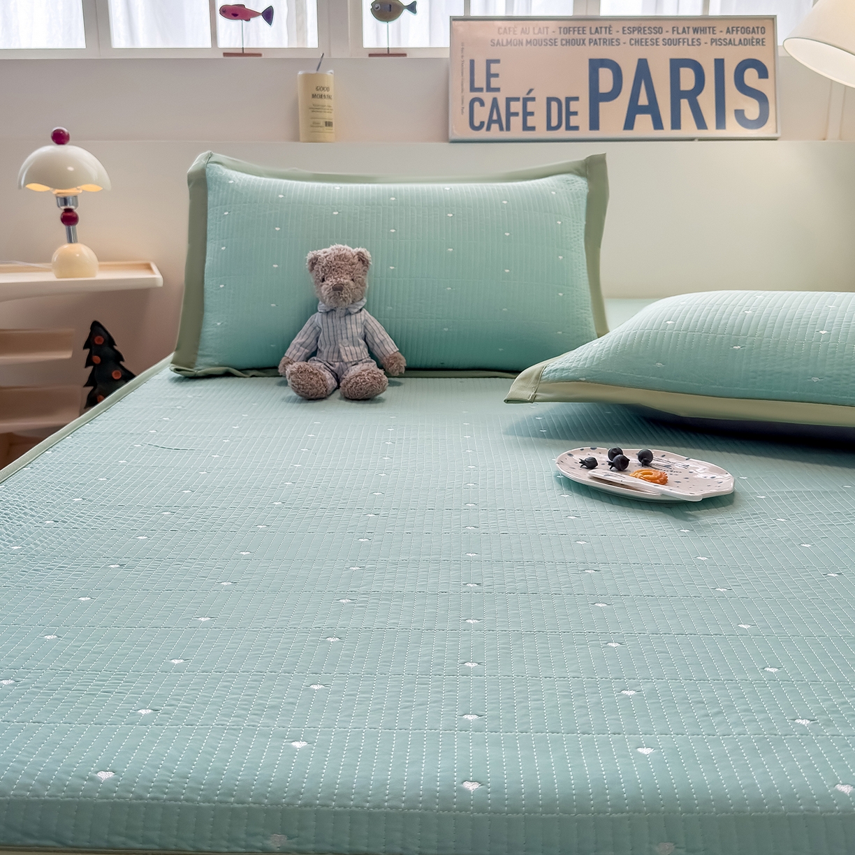 91家纺网 家纺一手货源 找家纺 懒猫家纺 2026新款满天星绗绣莫兰迪色系床席床笠款凉席 生椰抹茶-床笠款