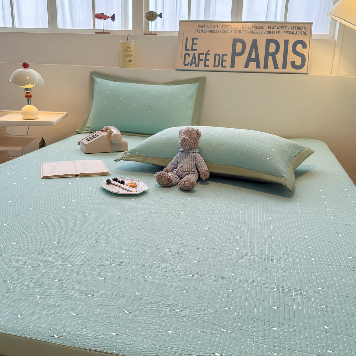 91家纺网 家纺一手货源 找家纺 懒猫家纺 2026新款满天星绗绣莫兰迪色系床席床笠款凉席 生椰抹茶-床席款