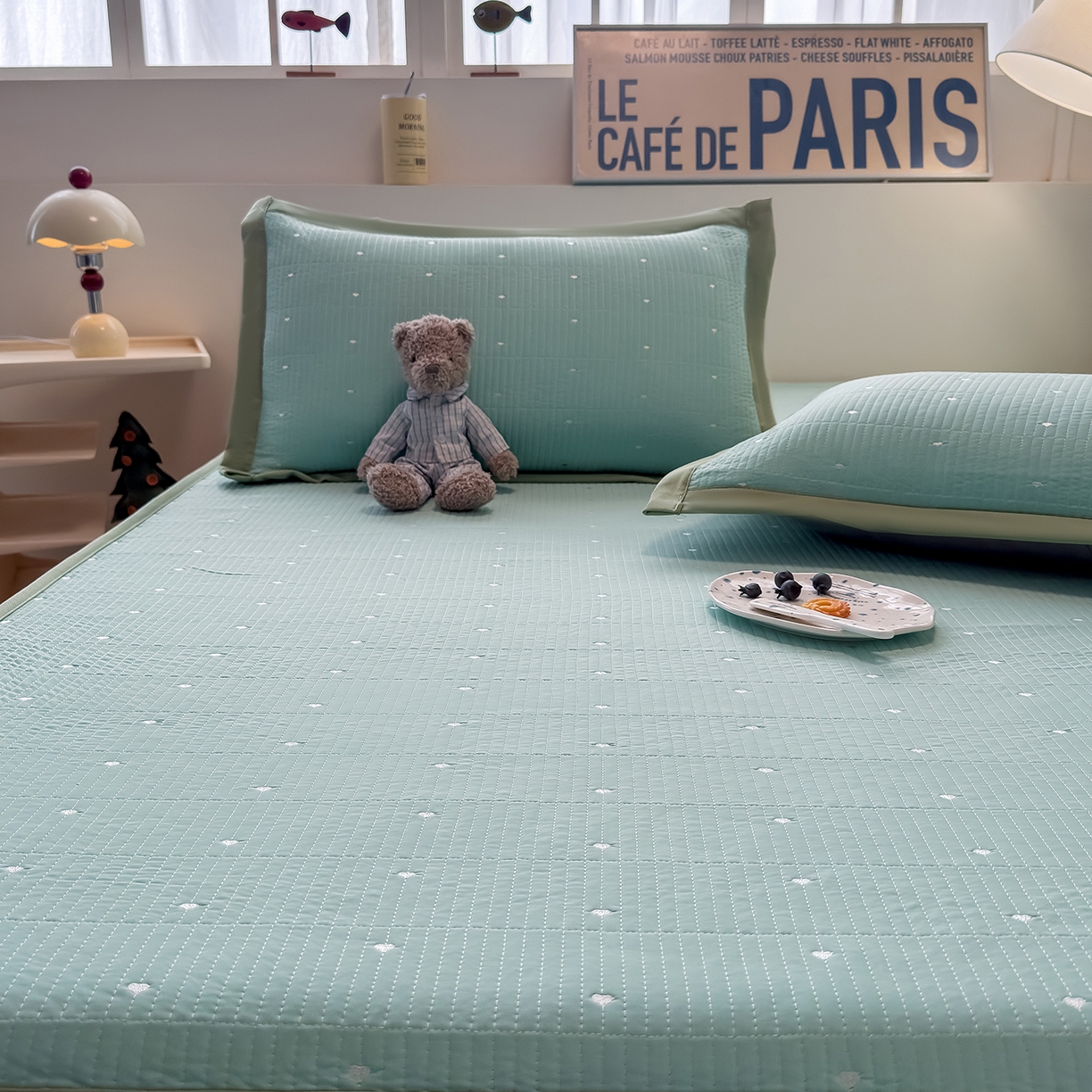 91家纺网 家纺一手货源 找家纺 懒猫家纺 2026新款满天星绗绣莫兰迪色系床席床笠款凉席 生椰抹茶-床笠款