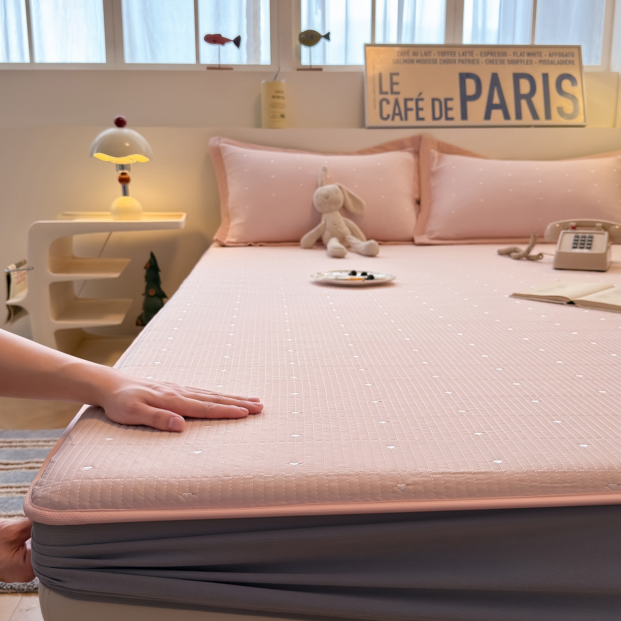 91家纺网 家纺一手货源 找家纺 懒猫家纺 2026新款满天星绗绣莫兰迪色系床席床笠款凉席 白桃乌龙-床笠款