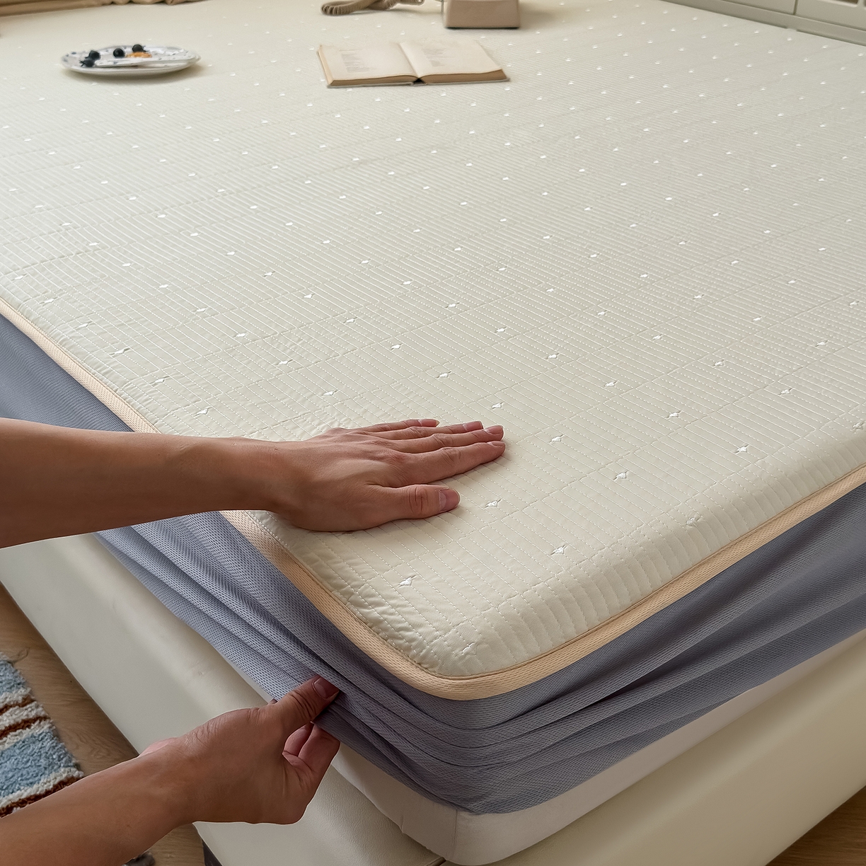 91家纺网 家纺一手货源 找家纺 懒猫家纺 2026新款满天星绗绣莫兰迪色系床席床笠款凉席 香草布蕾-床笠款