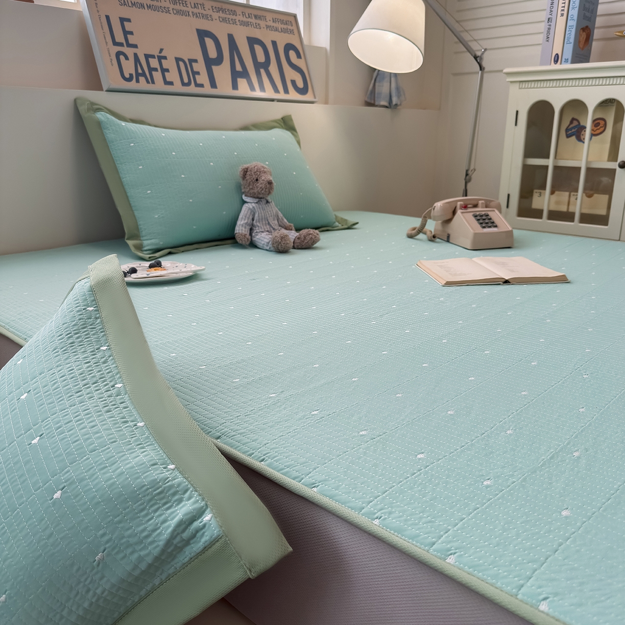 91家纺网 家纺一手货源 找家纺 懒猫家纺 2026新款满天星绗绣莫兰迪色系床席床笠款凉席 生椰抹茶-床笠款