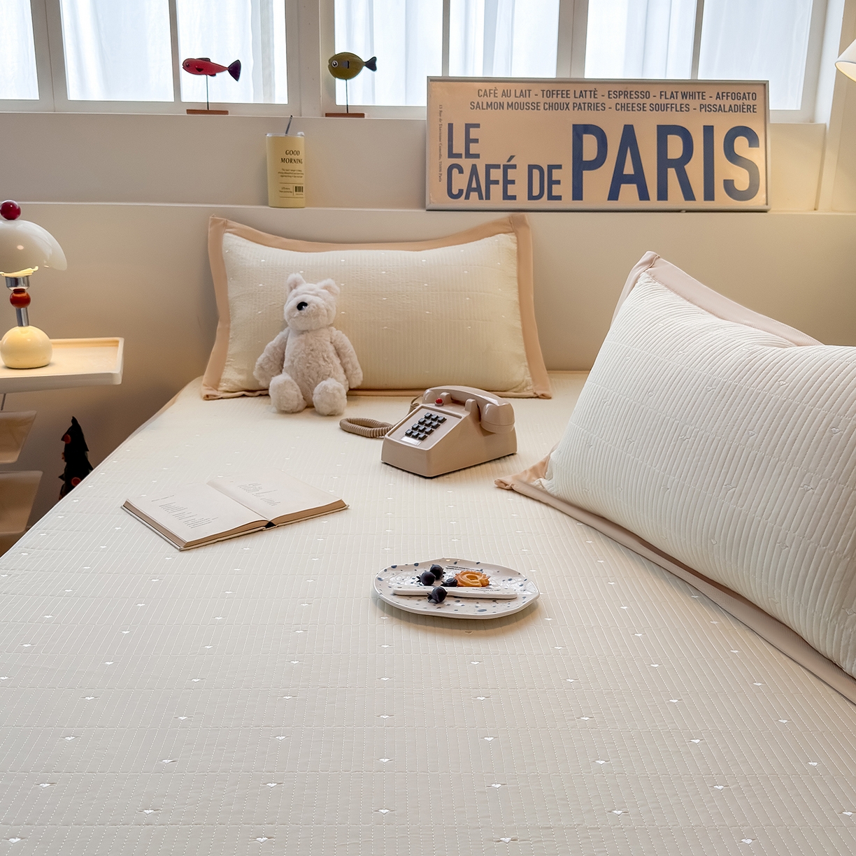 91家纺网 家纺一手货源 找家纺 懒猫家纺 2026新款满天星绗绣莫兰迪色系床席床笠款凉席 香草布蕾-床席款