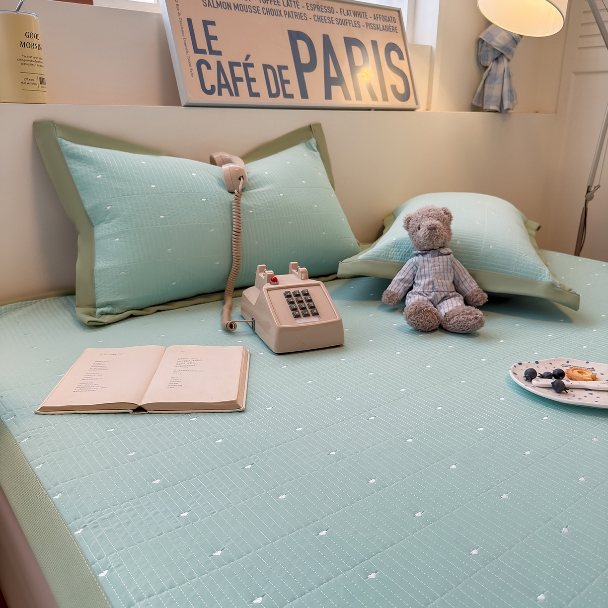 91家纺网 家纺一手货源 找家纺 懒猫家纺 2026新款满天星绗绣莫兰迪色系床席床笠款凉席 生椰抹茶-床席款