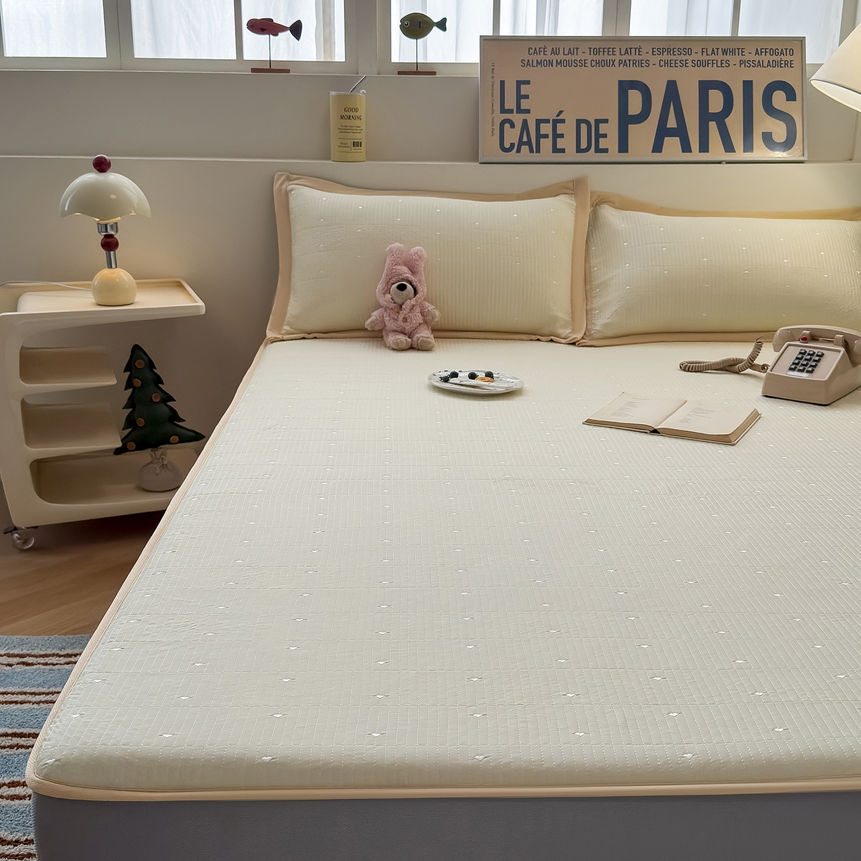 91家纺网 家纺一手货源 找家纺 懒猫家纺 2026新款满天星绗绣莫兰迪色系床席床笠款凉席 香草布蕾-床笠款