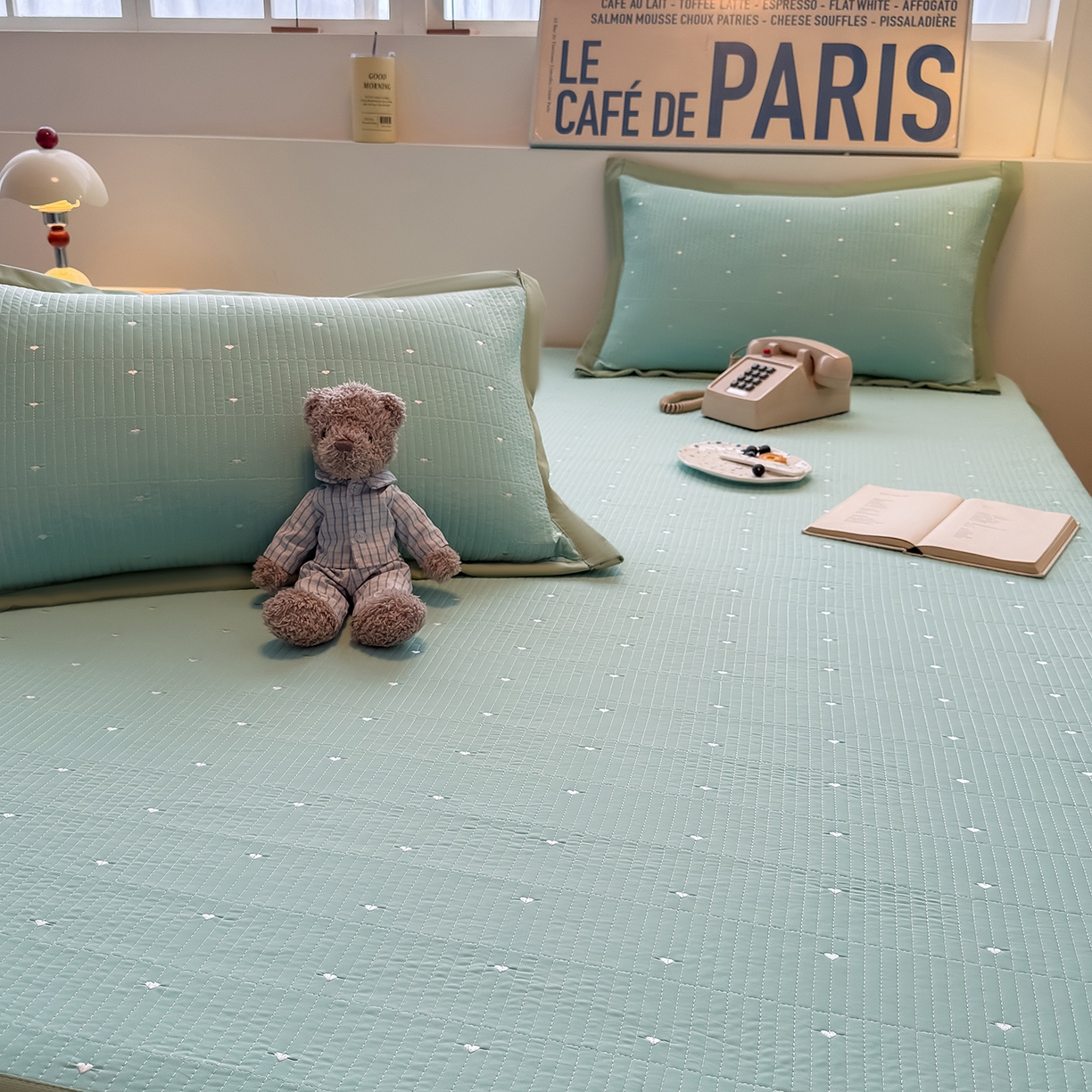 91家纺网 家纺一手货源 找家纺 懒猫家纺 2026新款满天星绗绣莫兰迪色系床席床笠款凉席 生椰抹茶-床席款