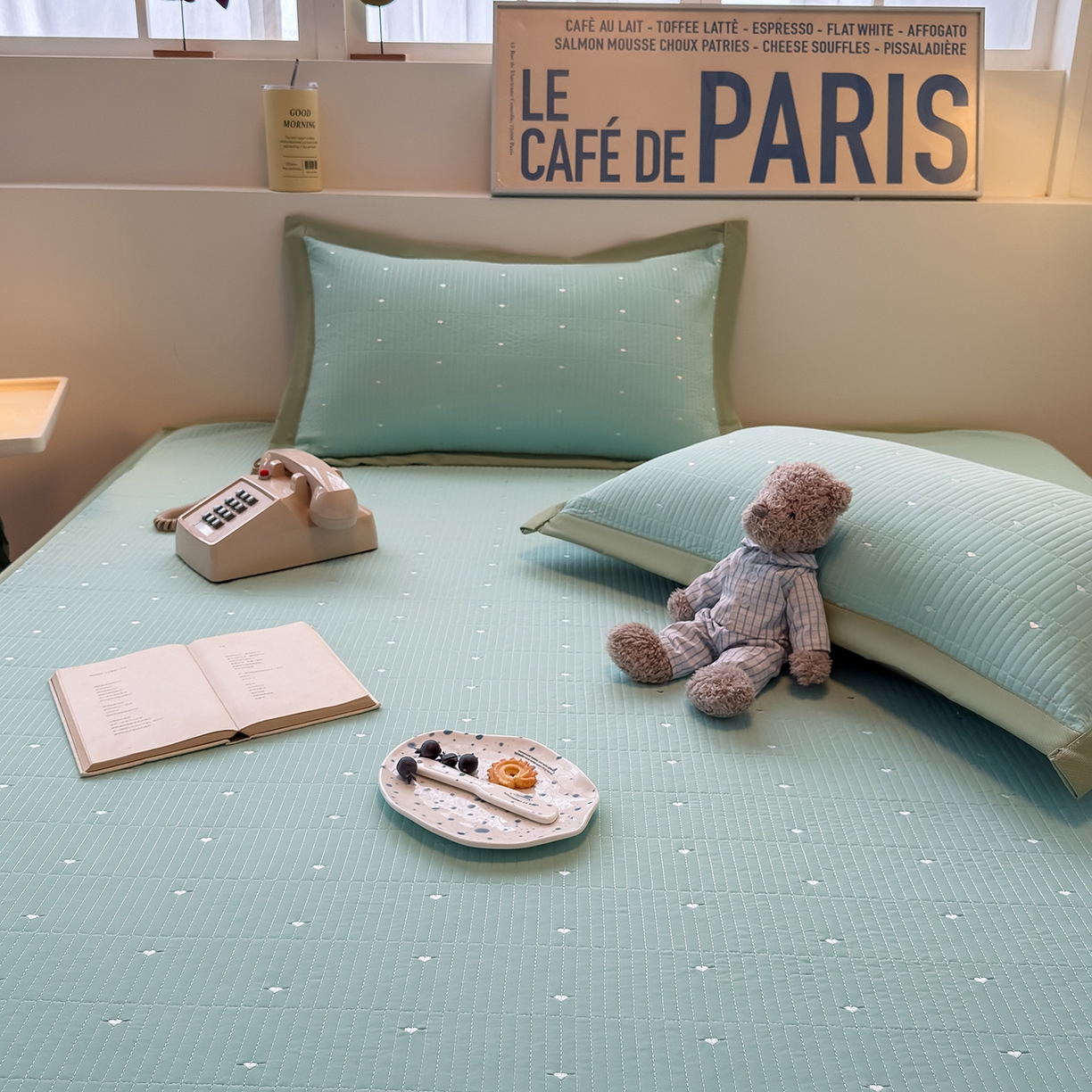 91家纺网 家纺一手货源 找家纺 懒猫家纺 2026新款满天星绗绣莫兰迪色系床席床笠款凉席 生椰抹茶-床席款