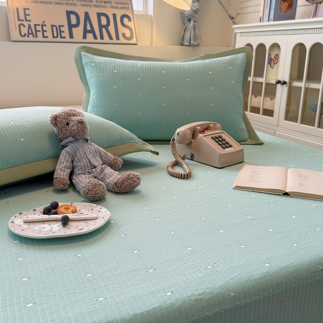 91家纺网 家纺一手货源 找家纺 懒猫家纺 2026新款满天星绗绣莫兰迪色系床席床笠款凉席 生椰抹茶-床席款