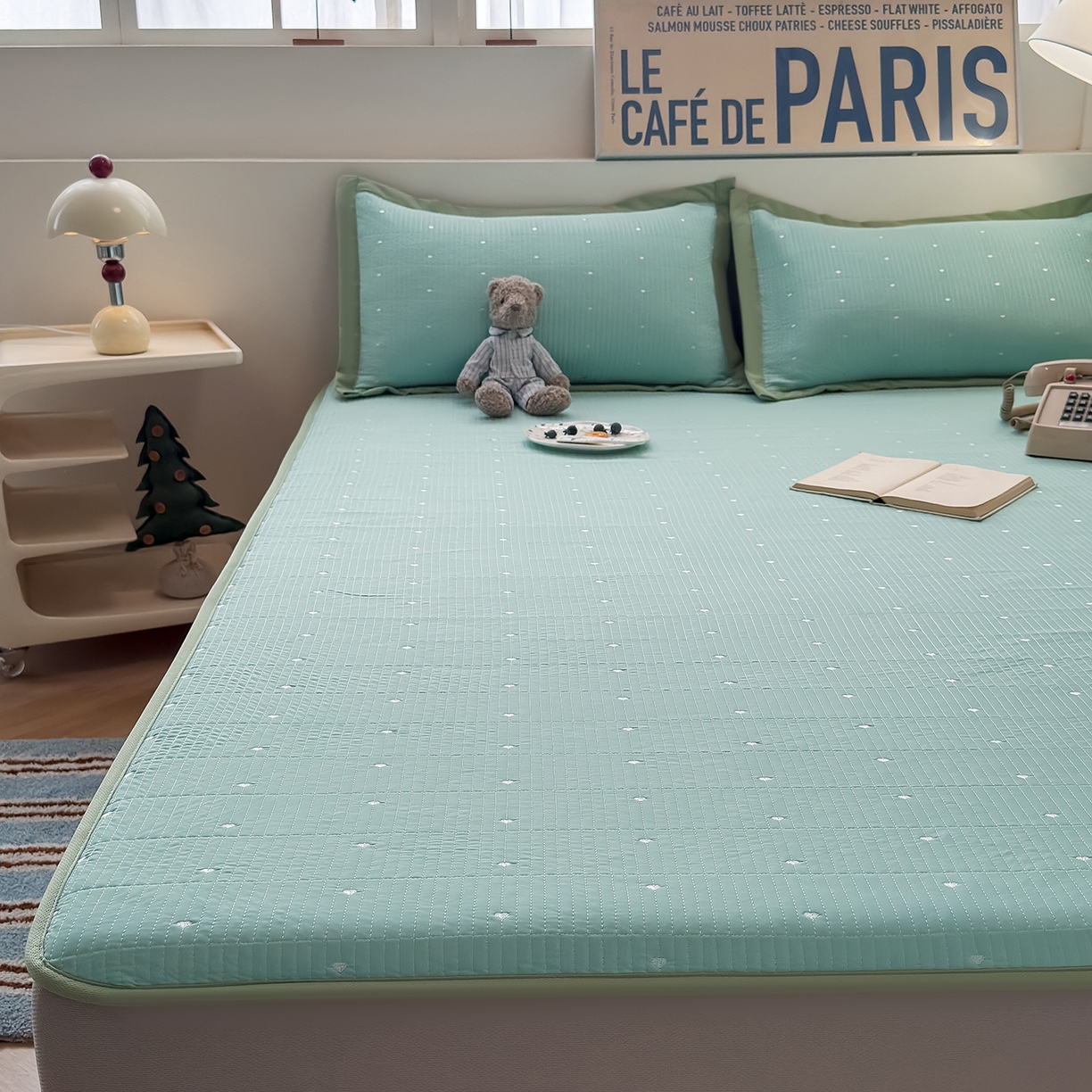 91家纺网 家纺一手货源 找家纺 懒猫家纺 2026新款满天星绗绣莫兰迪色系床席床笠款凉席 生椰抹茶-床笠款