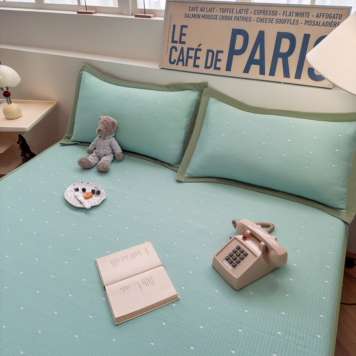 91家纺网 家纺一手货源 找家纺 懒猫家纺 2026新款满天星绗绣莫兰迪色系床席床笠款凉席 生椰抹茶-床笠款