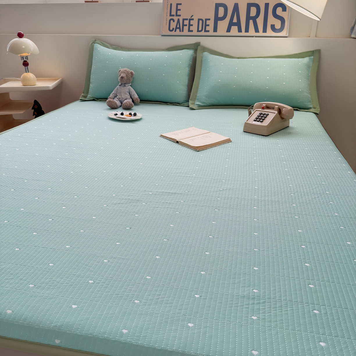 91家纺网 家纺一手货源 找家纺 懒猫家纺 2026新款满天星绗绣莫兰迪色系床席床笠款凉席 生椰抹茶-床笠款