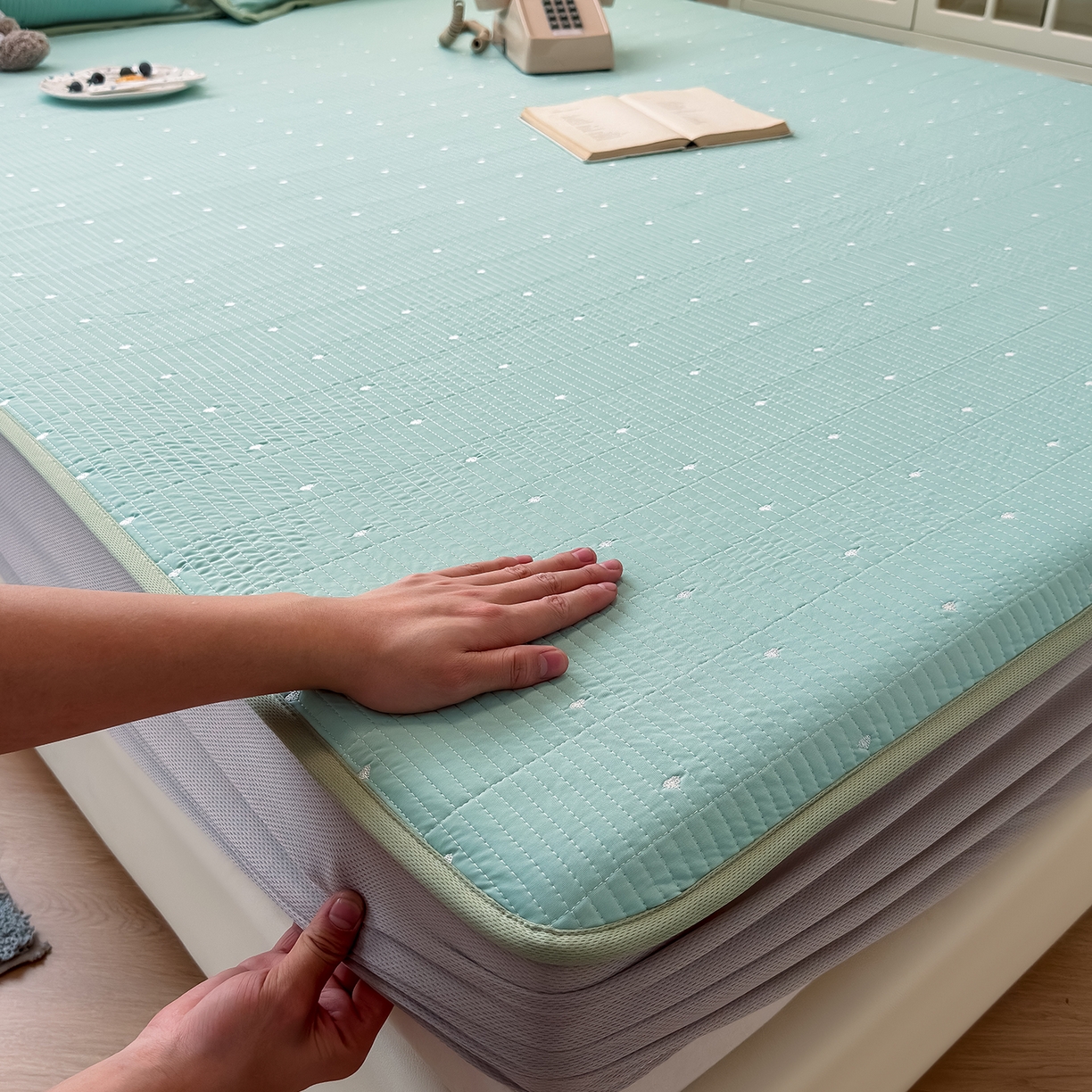 91家纺网 家纺一手货源 找家纺 懒猫家纺 2026新款满天星绗绣莫兰迪色系床席床笠款凉席 生椰抹茶-床笠款